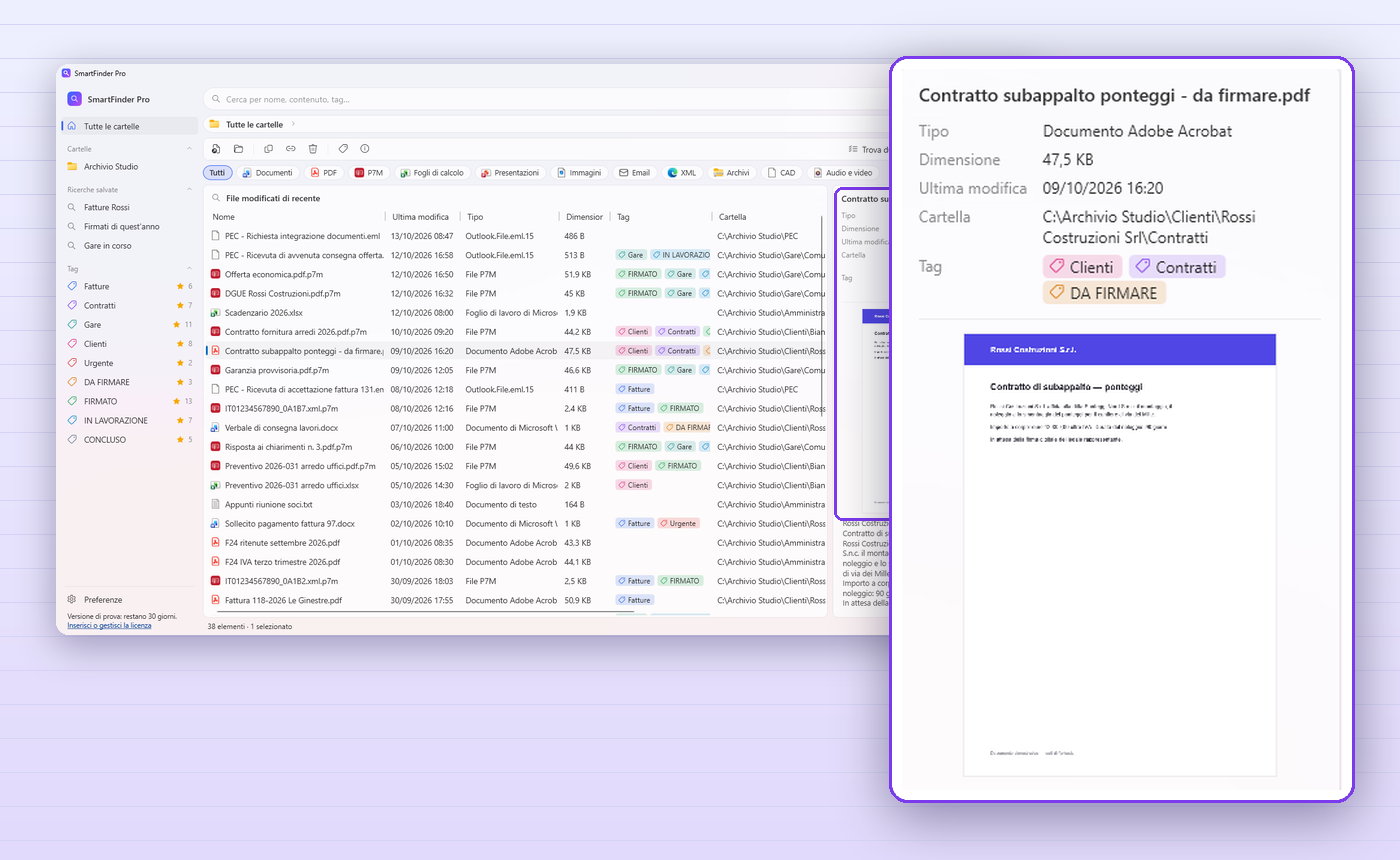 La finestra di SmartFinder Pro: elenco dei file recenti con tag colorati, filtri per tipo e anteprima di un PDF nel riquadro a destra
